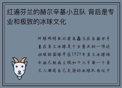 红遍芬兰的赫尔辛基小丑队 背后是专业和极致的冰球文化